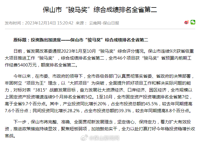 保山市“骏马奖”综合成绩排名全省第二