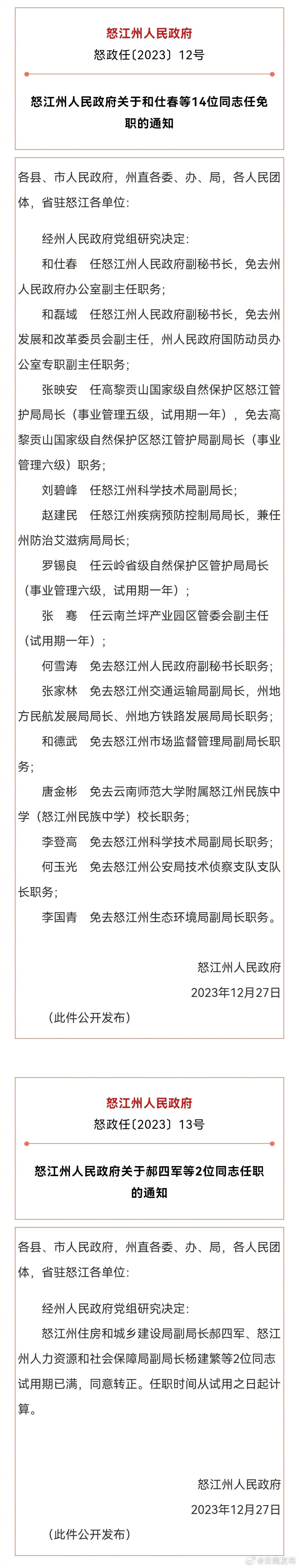 怒江州人民政府发布任免职通知