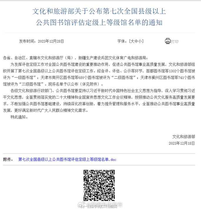 云南省图书馆再度被文化和旅游部评为“一级图书馆”