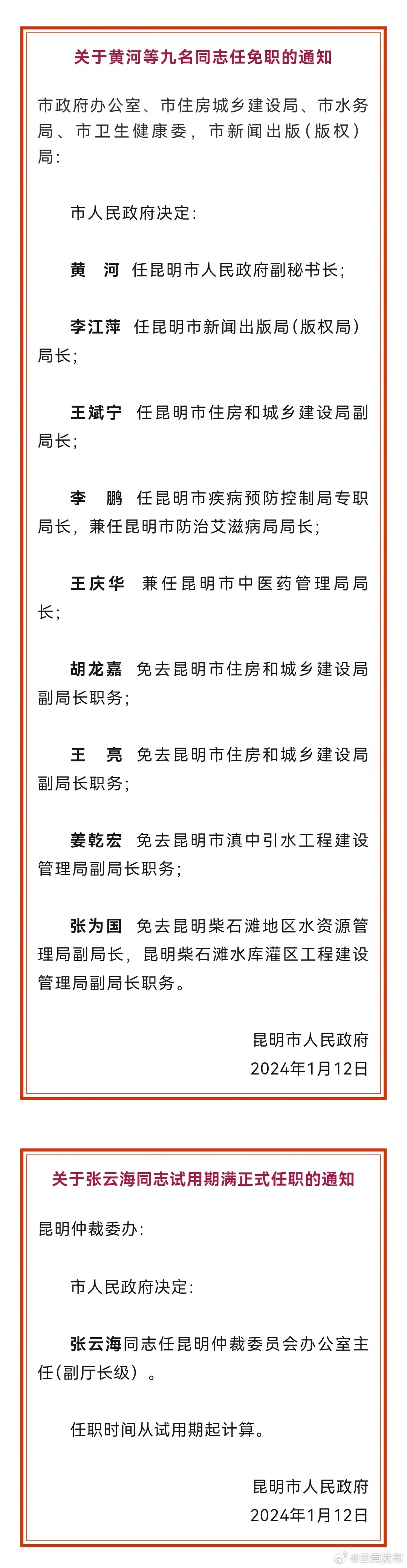 昆明市人民政府发布一批任免职通知