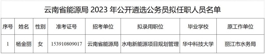 云南省能源局2023年公开遴选公务员拟任职人员公示