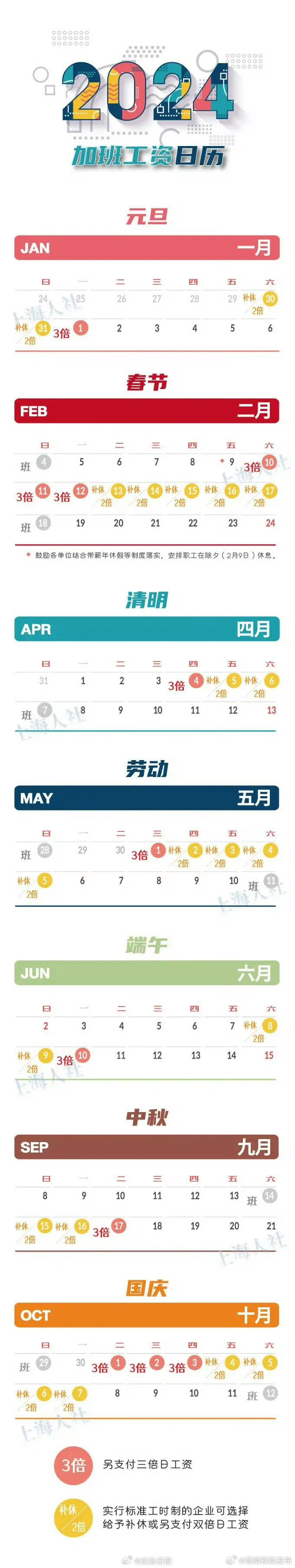 正月初一至初三加班可拿三倍工资2024加班版工资日历