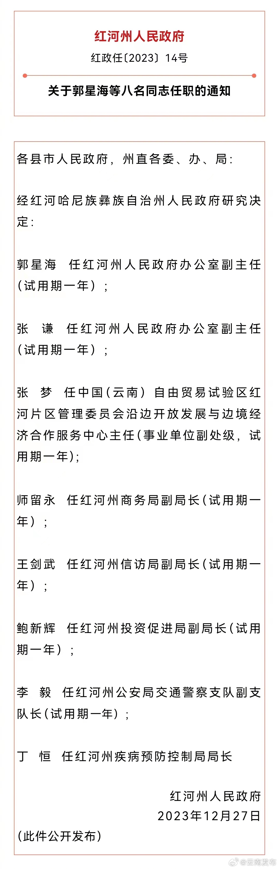 红河州人民政府发布一批任职通知