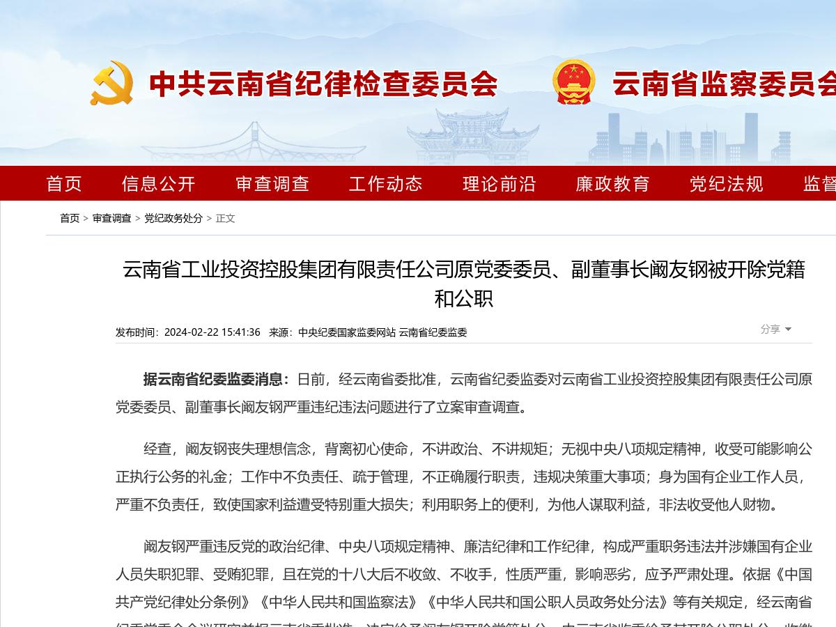 云南省工业投资控股集团有限责任公司原党委委员、副董事长阚友钢被开除党籍和公职