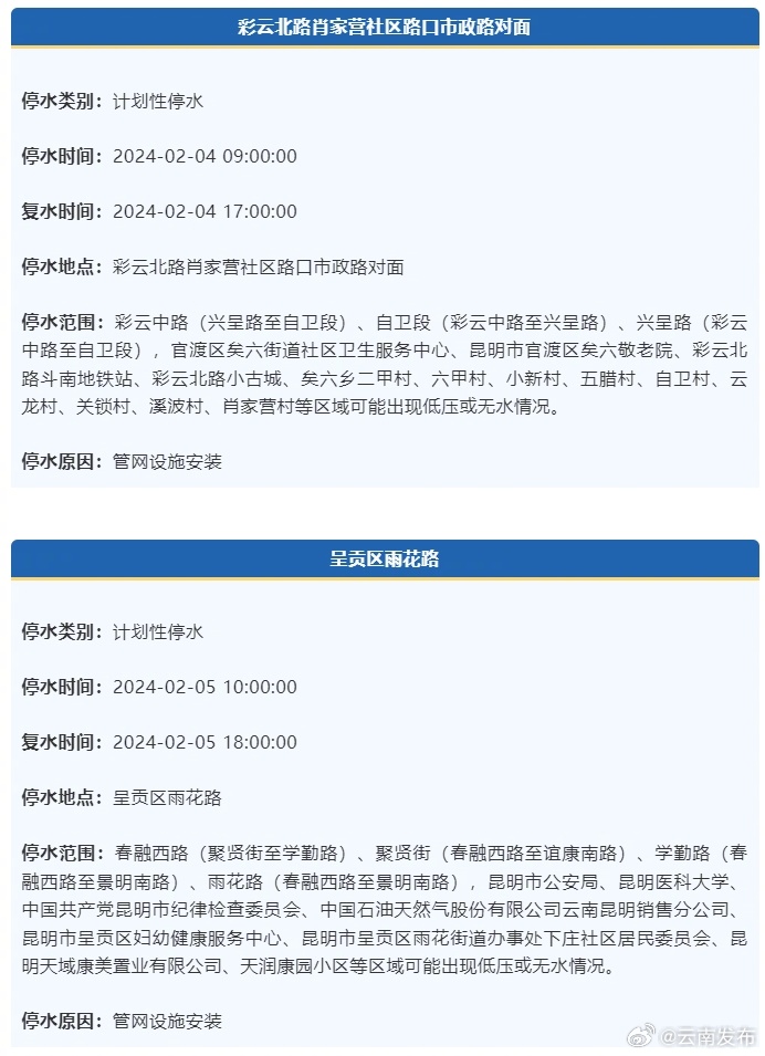 注意！昆明多个片区将计划停水