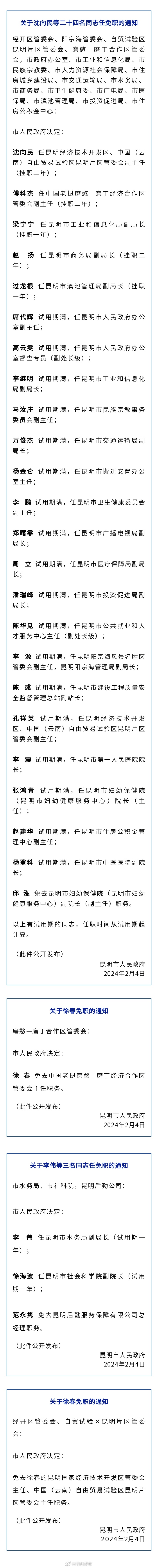 昆明市政府发布一批任免职通知