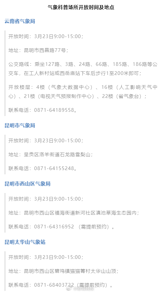 昆明多个气象科普场所明日将免费开放