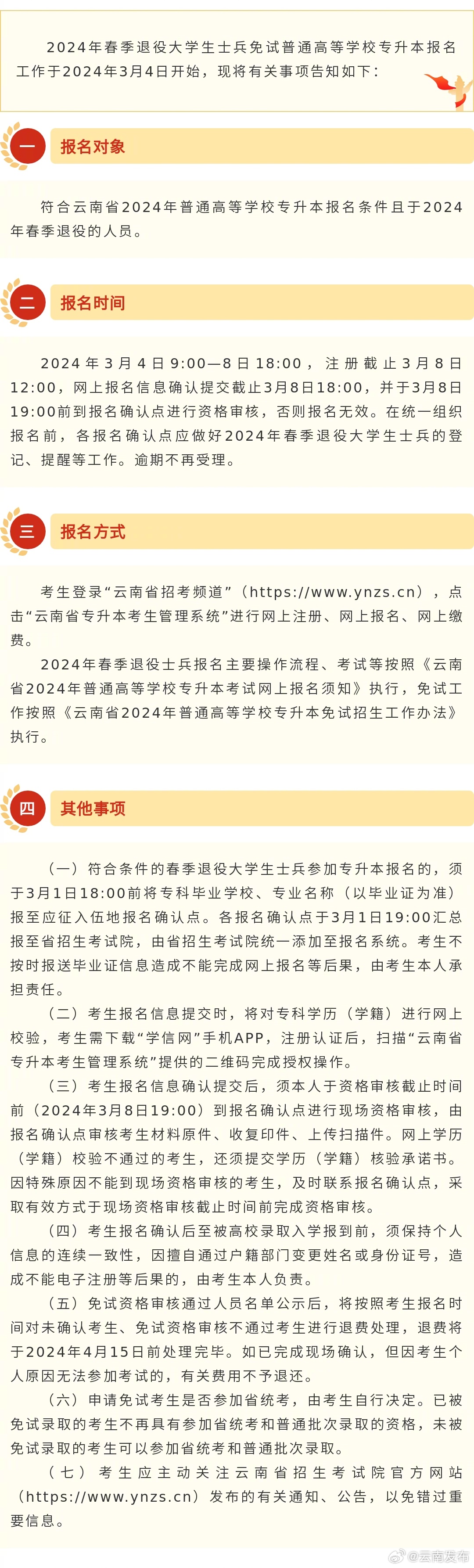 2024年春季退役大学生士兵免试普通高等学校专升本报名须知