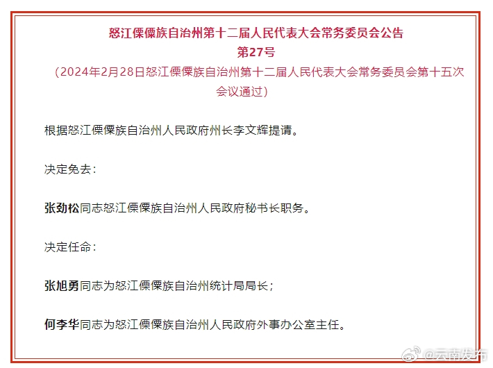 怒江州人大常委会发布人事任免名单