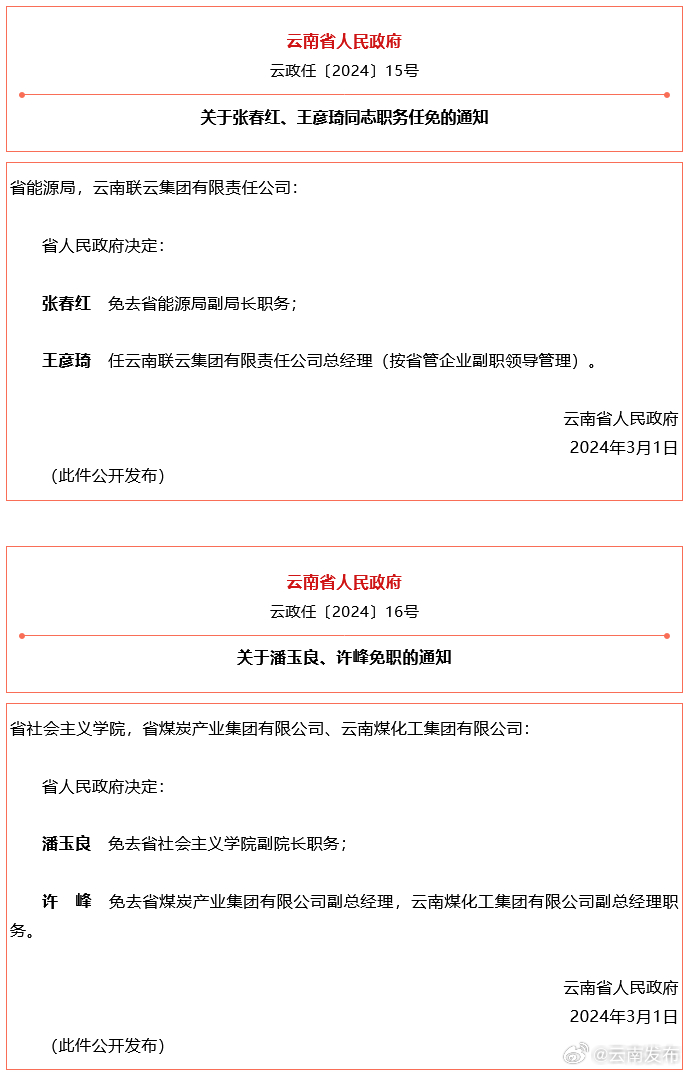 云南省人民政府发布一批任免职通知