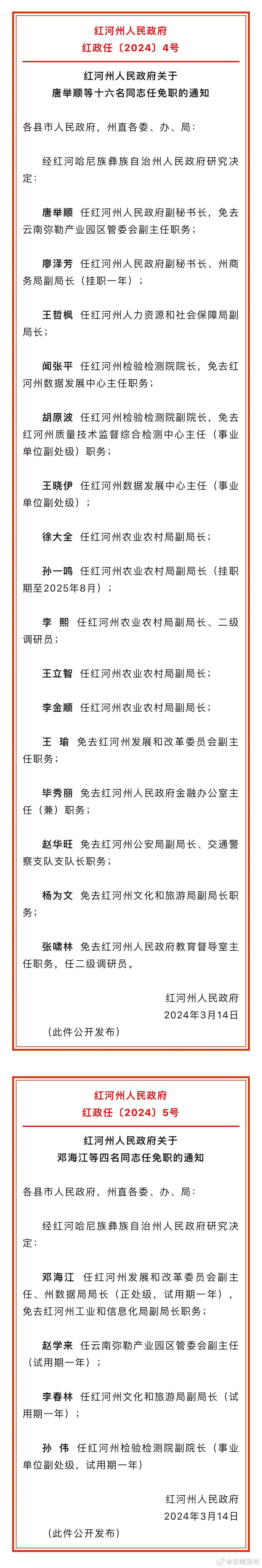 红河州人民政府发布任免职通知