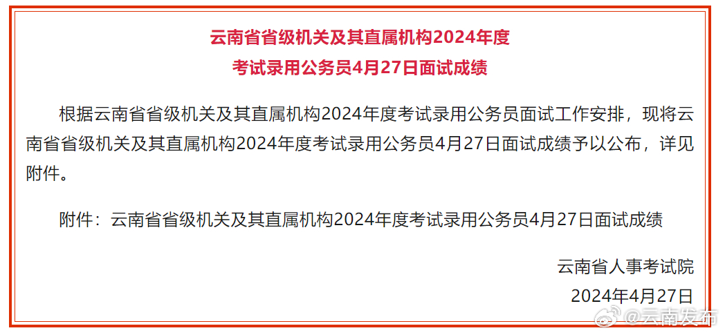 云南省省级机关及其直属机构2024年度考试录用公务员4月27日面试成绩