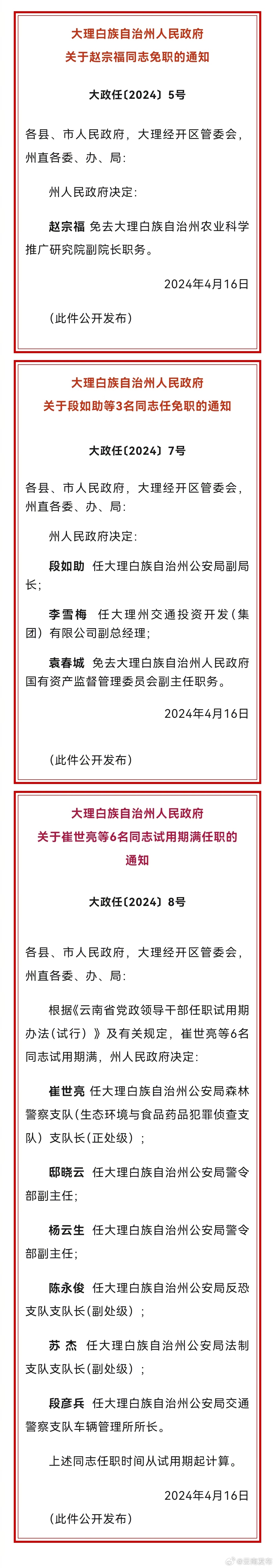大理州人民政府发布一批任免职通知