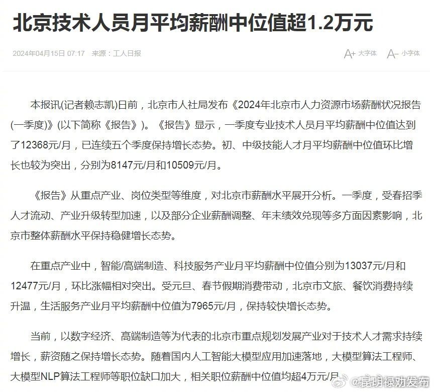 北京技术人员月平均薪酬中位值超1.2万元