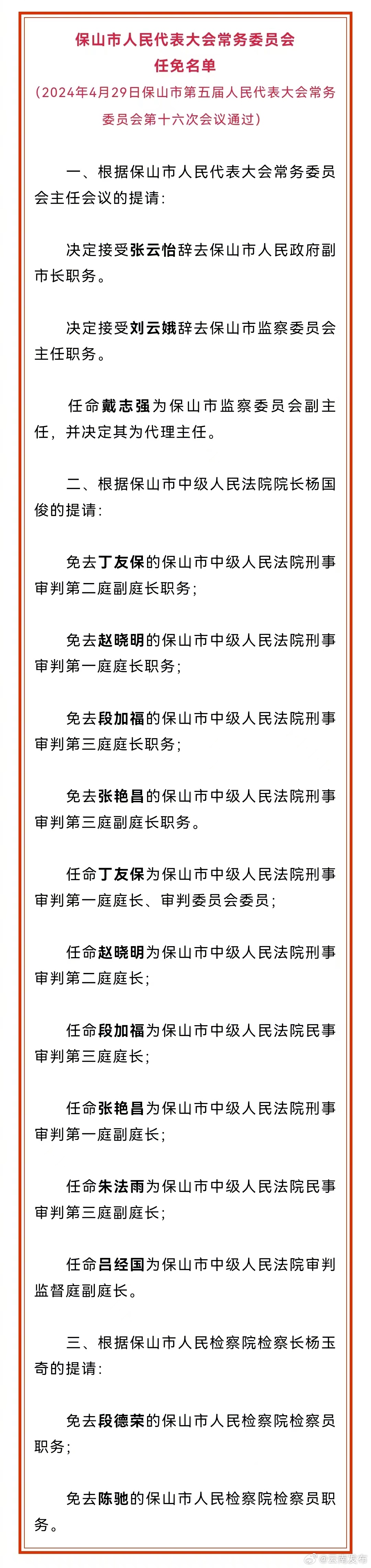 保山市人大常委会通过一批任免职名单
