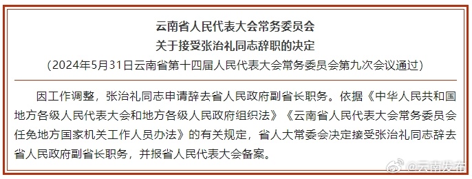 省人大常委会关于接受张治礼同志辞职的决定