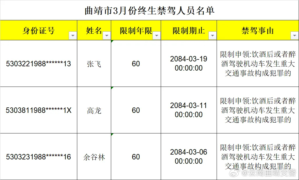 终生禁驾人员名单