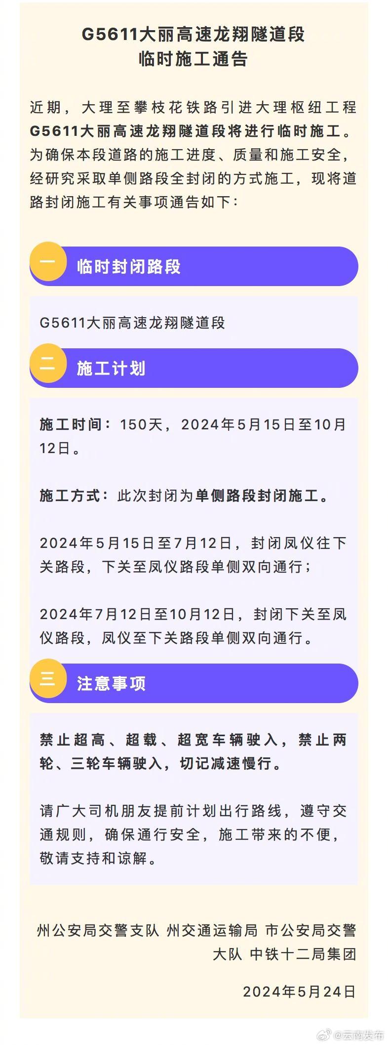 大理环城路龙翔隧道将单侧临时封闭施工