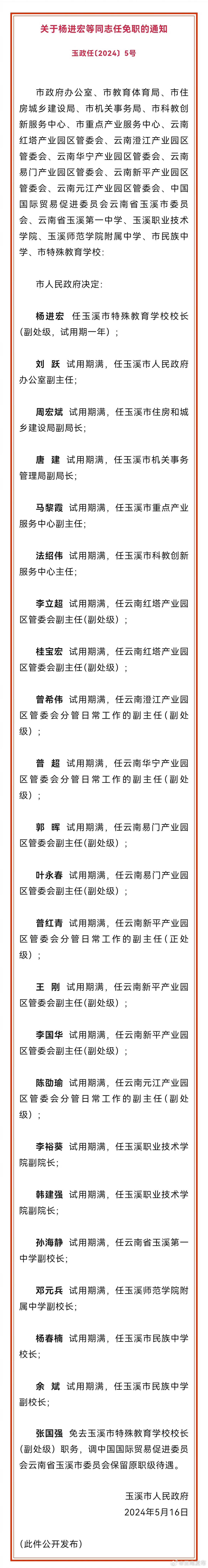 玉溪市人民政府发布一批任免职通知