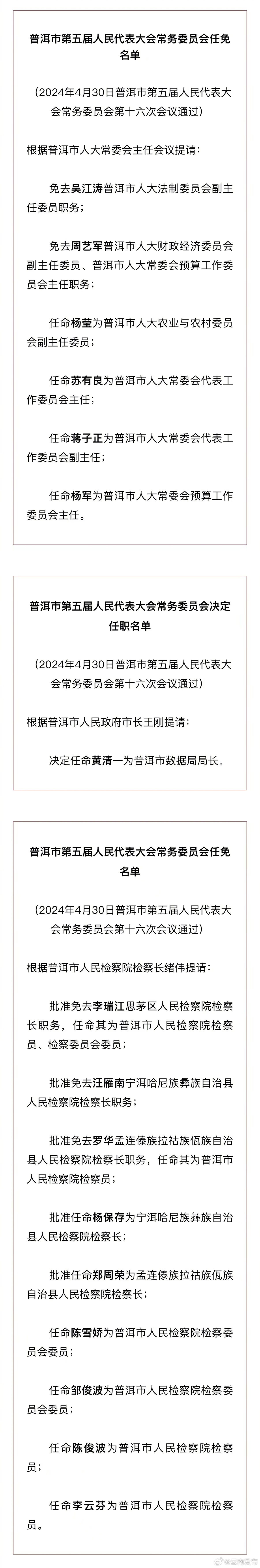 普洱市人大常委会发布一批任免名单