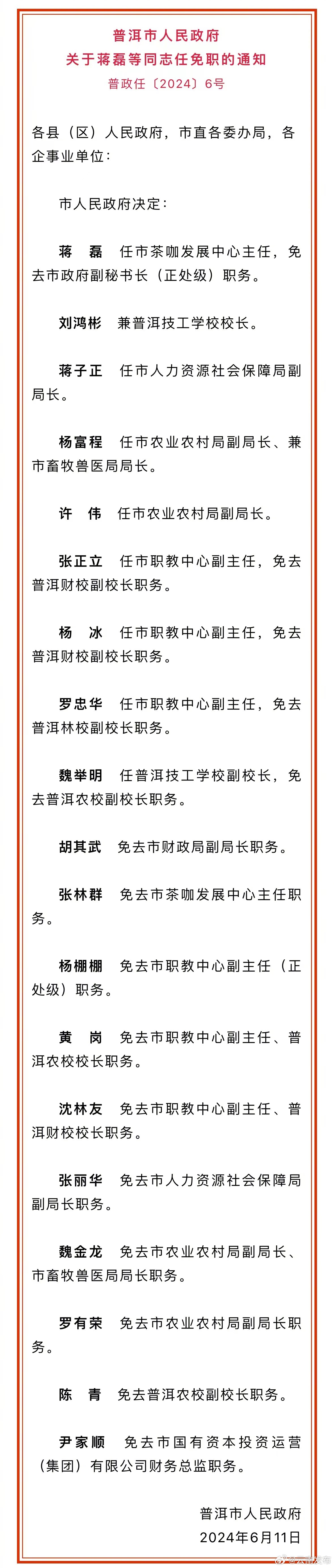 普洱市人民政府发布一批任免职通知