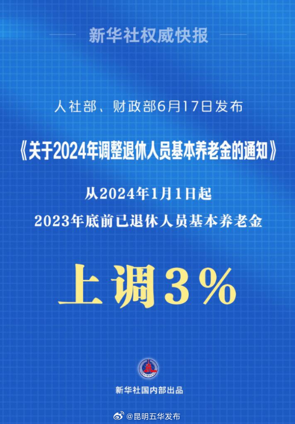 2024年退休人员基本养老金上调3%