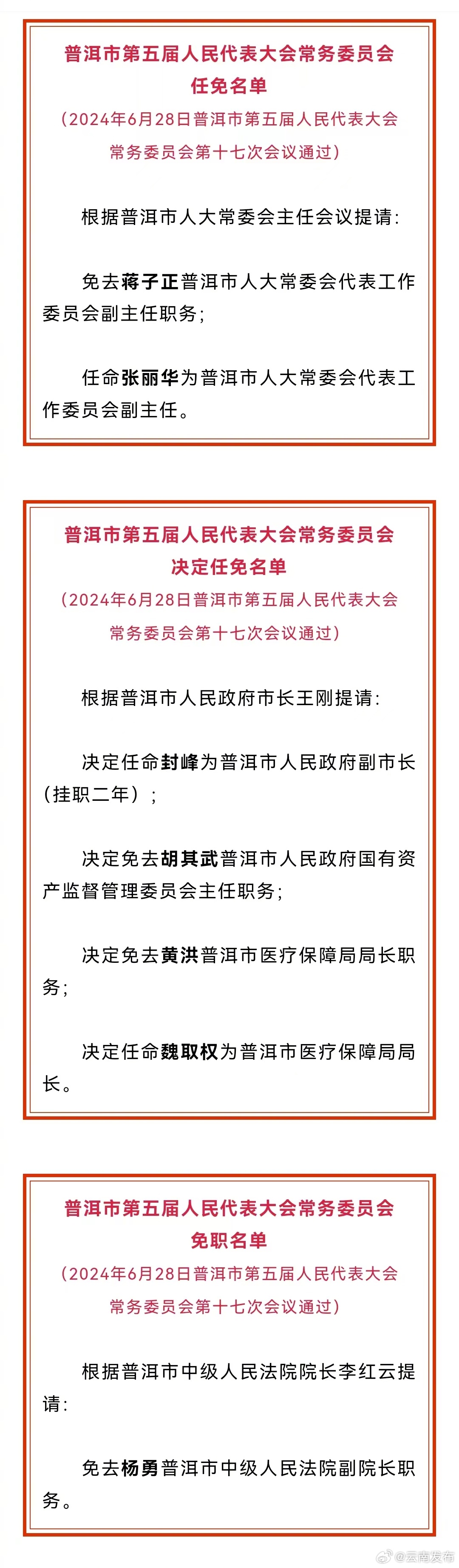 普洱市人大常委会通过一批任免职名单