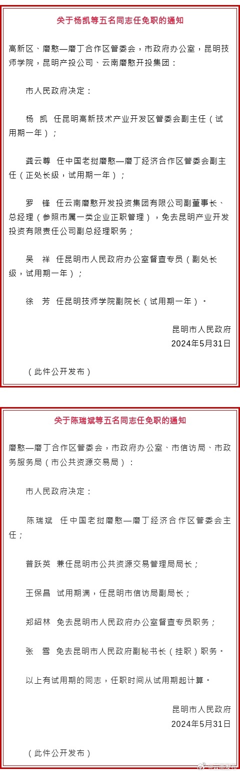 昆明市人民政府发布一批任免职通知