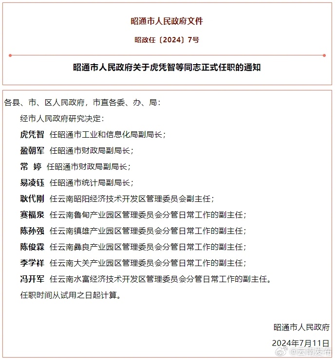 昭通市人民政府发布一批任职通知