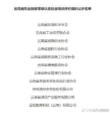 云南省职业技能等级认定社会培训评价组织名单正在公示