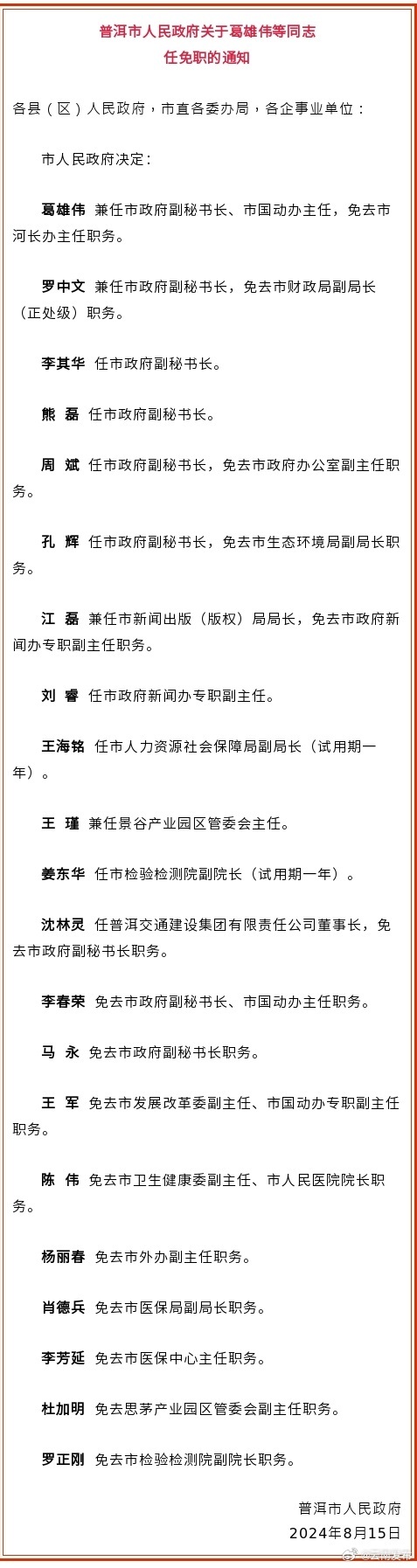 普洱市人民政府发布任免职通知