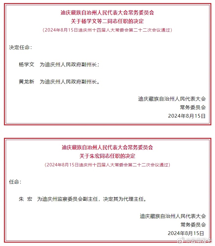 迪庆州人大常委会通过一批人事任职名单