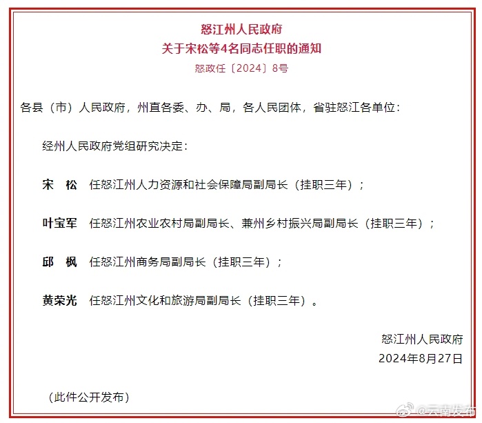 怒江州人民政府发布一批任职通知