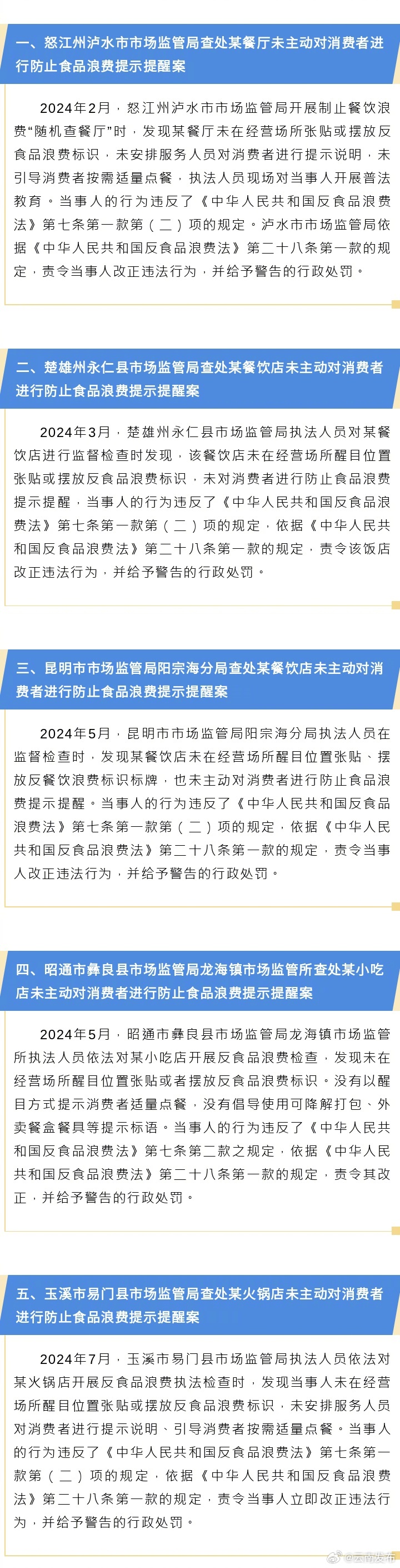 云南公布一批制止餐饮浪费典型案例