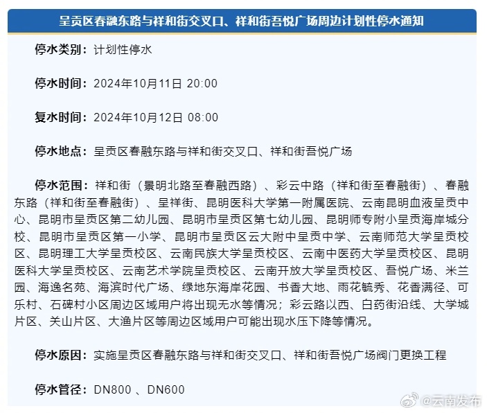 10月11日至12日昆明市这些片区将停水