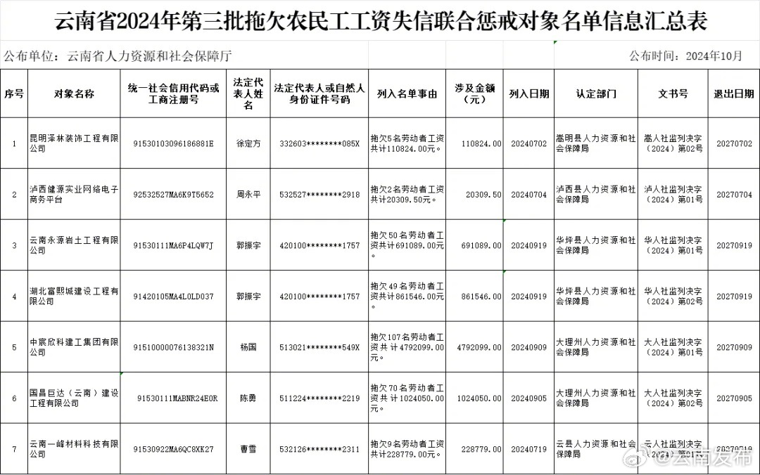 云南公布一批拖欠农民工工资失信联合惩戒对象名单