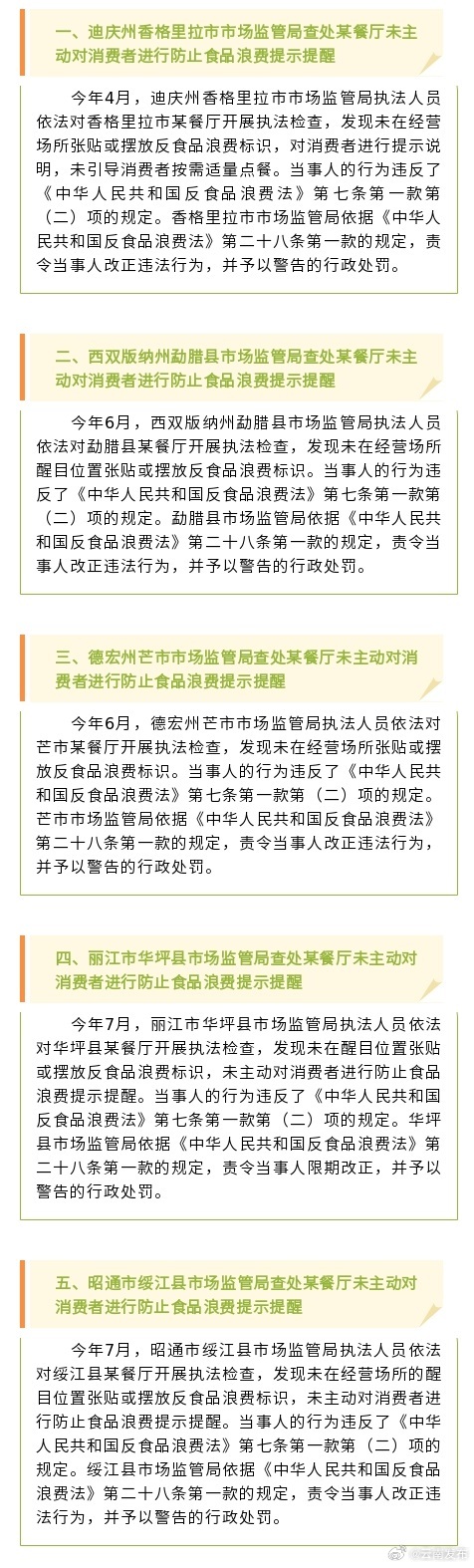 云南发布一批制止餐饮浪费典型案例