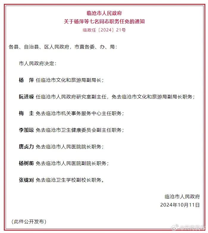临沧市人民政府发布一批任免职通知