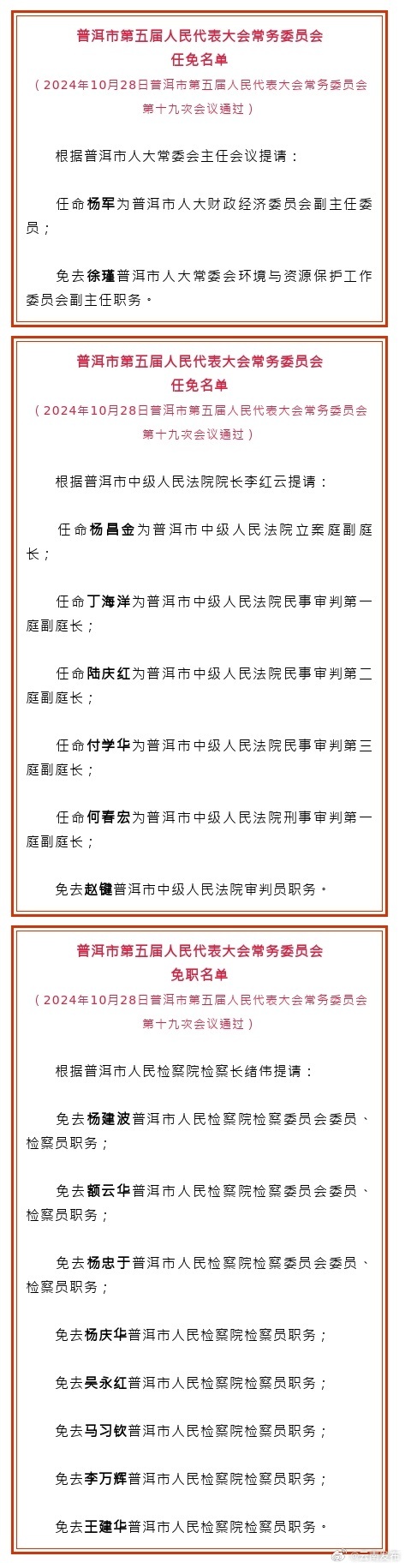 普洱市人大常委会通过一批任免职名单
