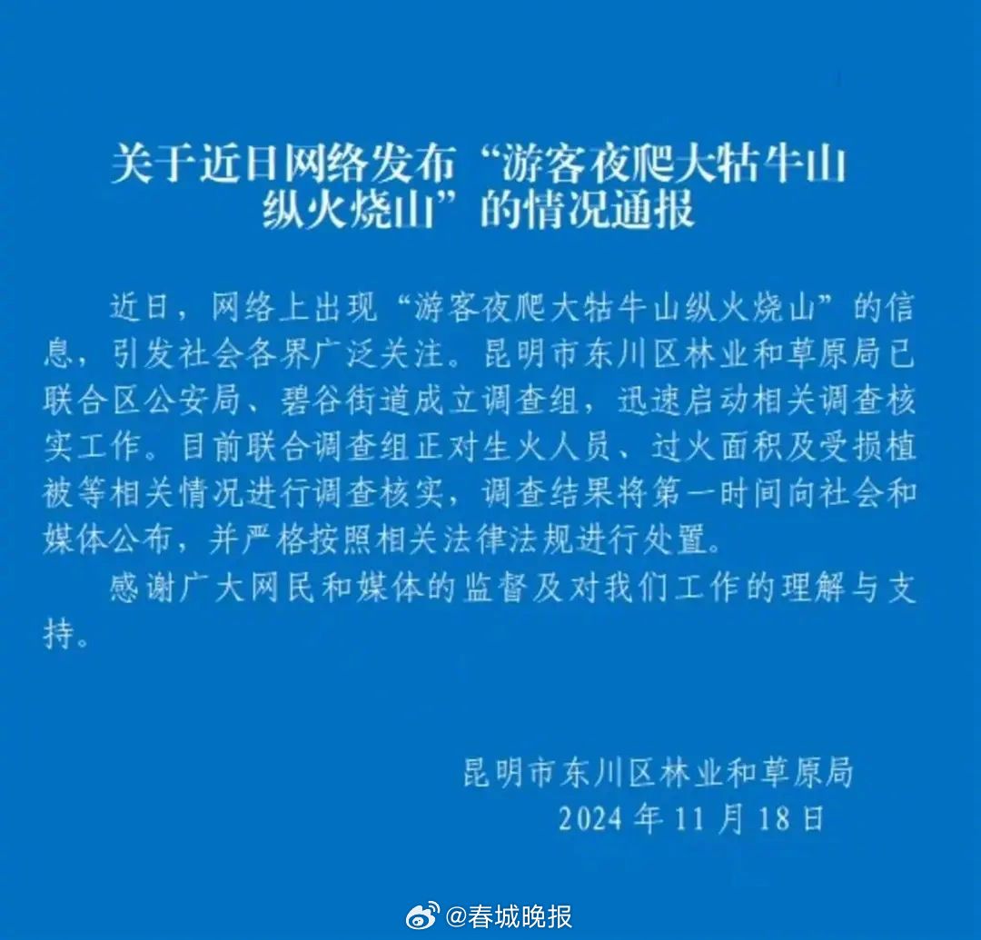 昆明东川林草局通报“游客夜爬大牯牛山纵火烧山”:已成立调查组