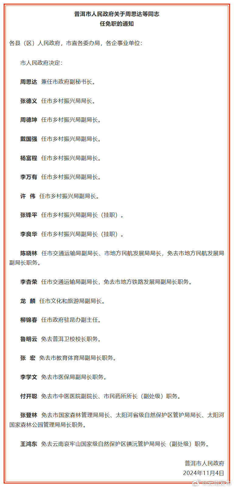 普洱市人民政府发布一批任免职通知