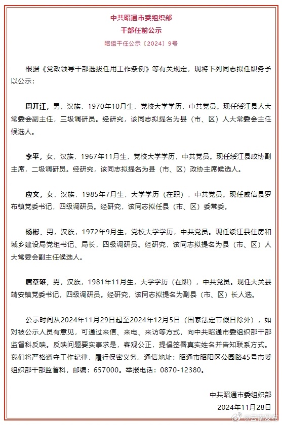 昭通市发布市管干部任前公示公告