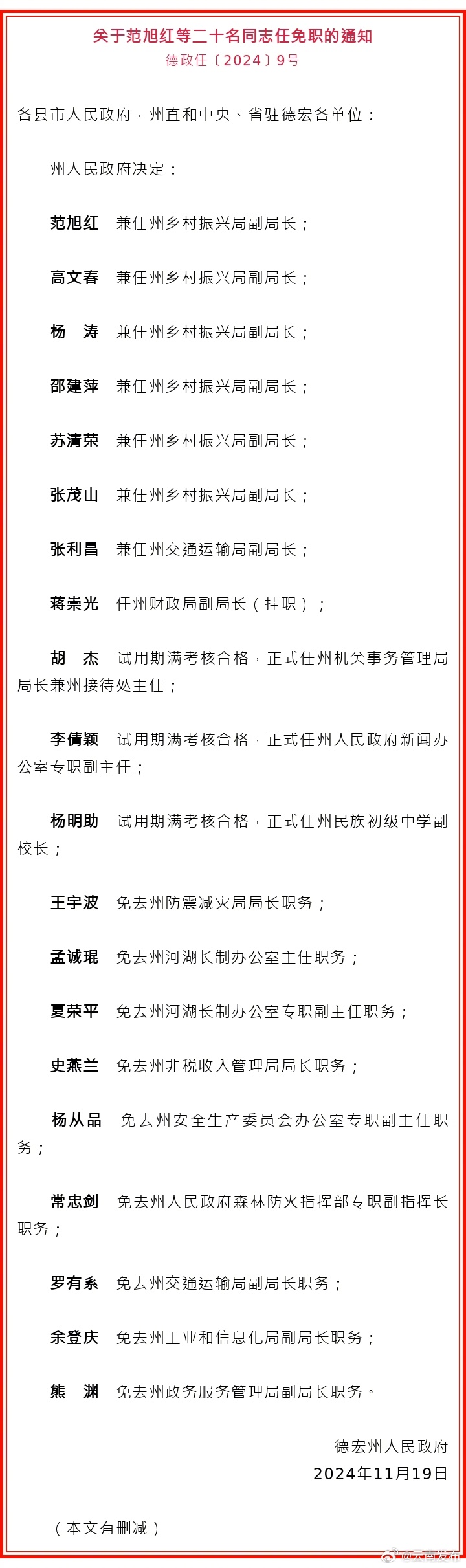 德宏州人民政府发布一批任免职通知