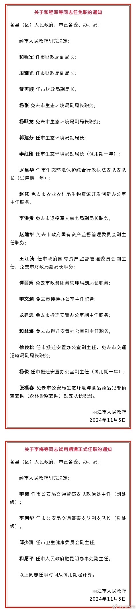丽江市人民政府发布一批任免职通知