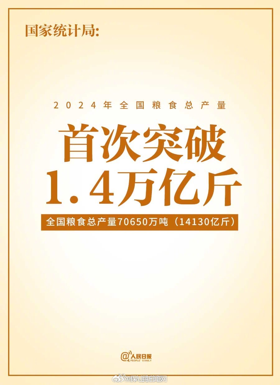 国家统计局公布2024年全国粮食总产量：14130亿斤