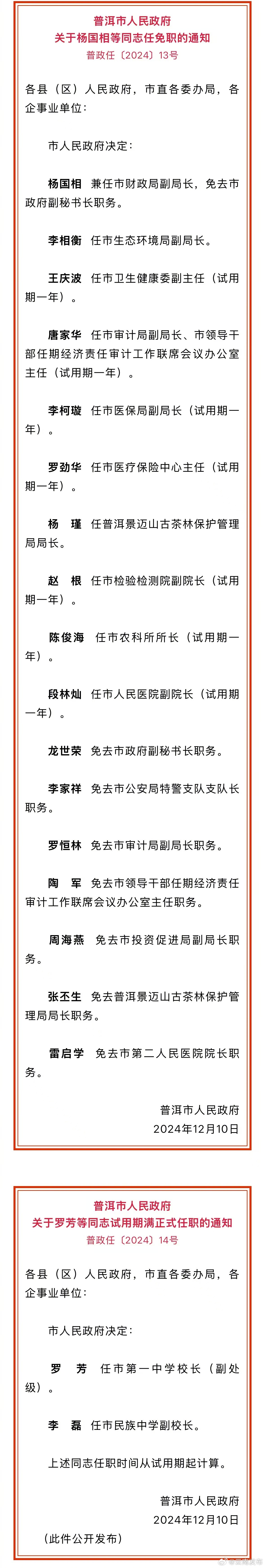 普洱市人民政府发布任免职通知