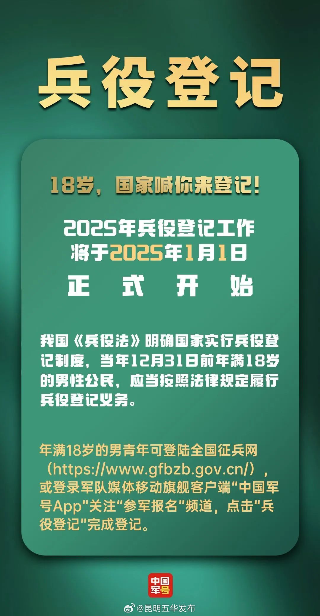 明年1月1日起正式开始！适龄男子都要登记！