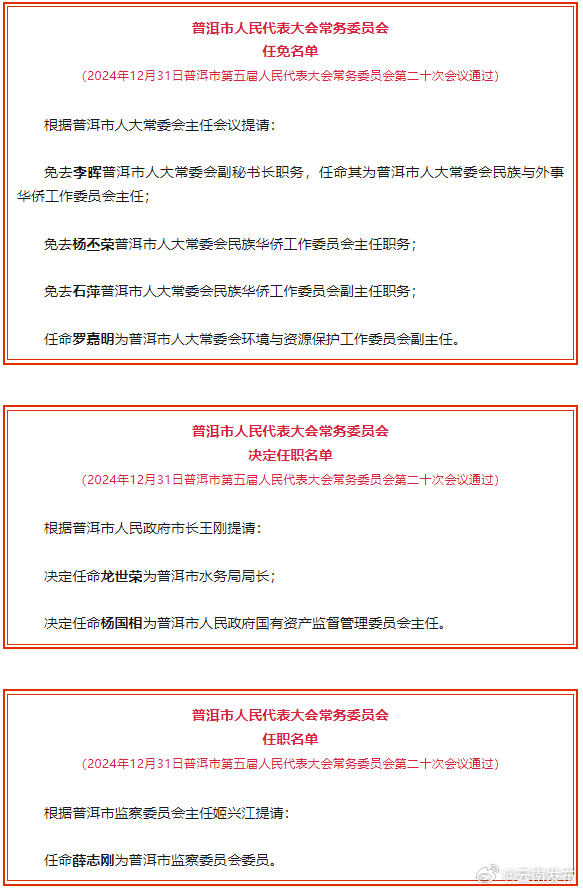普洱市人大常委会通过一批任免职名单