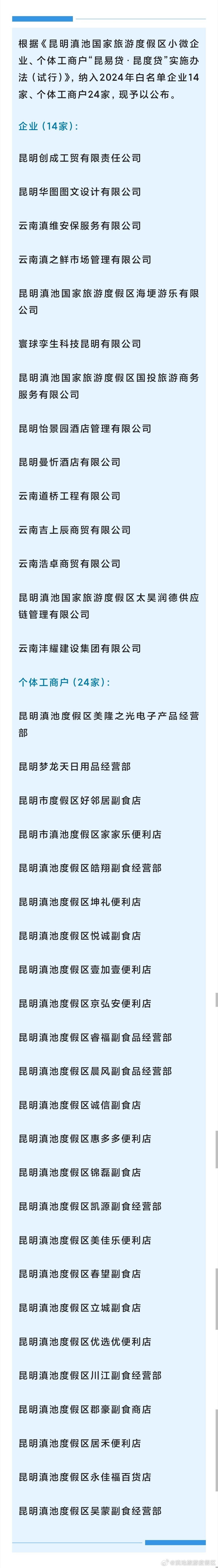 共38家！滇池度假区发布“昆易贷·昆度贷”白名单