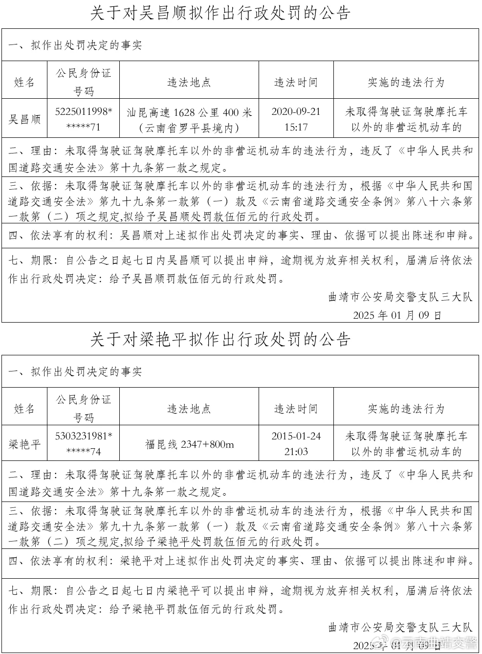 曲靖市公安局交警支队三大队关于送达《公安交通管理行政处罚告知笔录》的公告